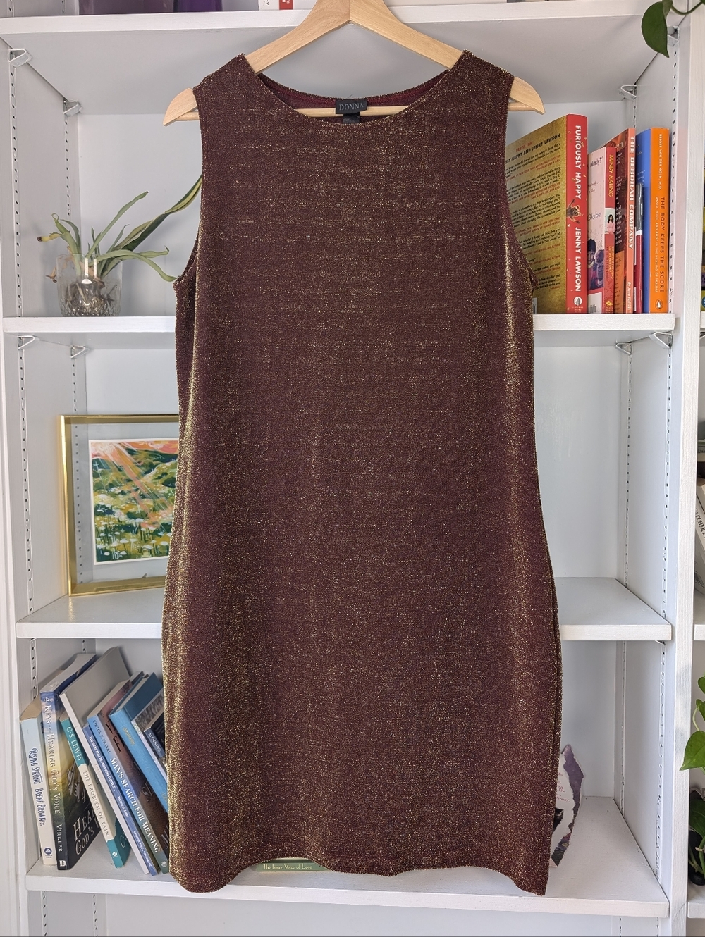 Vintage Women's Sleeveless Metallic Brown Shift Dress Size Medium Cocktail Party